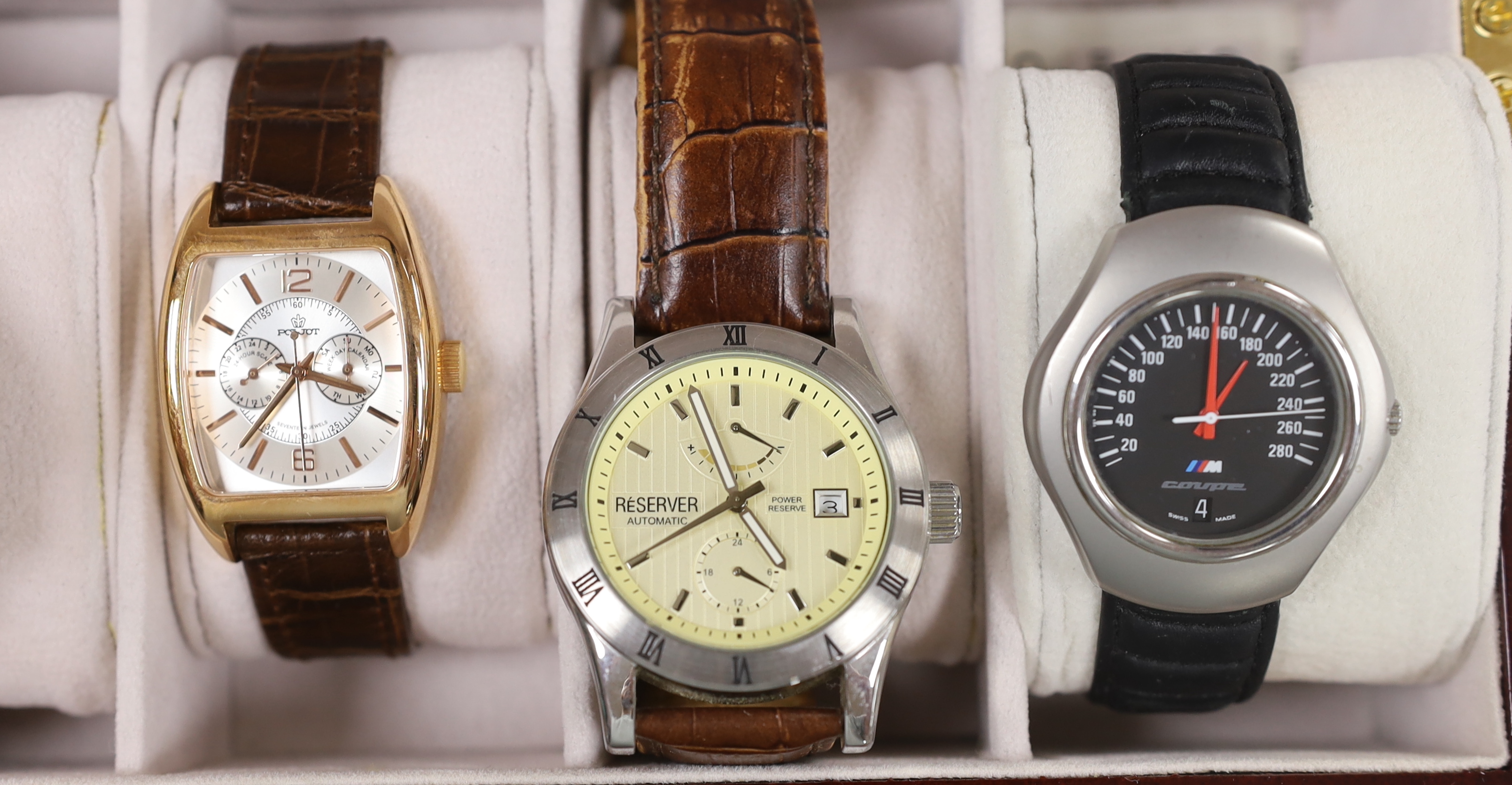 Six gentleman's modern assorted wrist watches including Poljot, BMW M4 Coupe, Reserver Automatic and Russian.